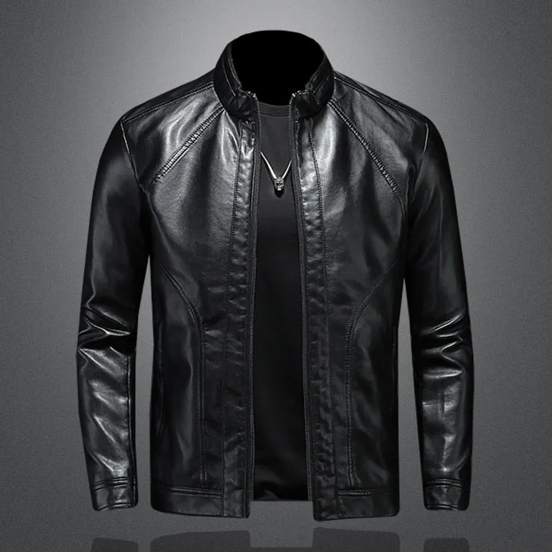 2023 Men Leather Jacket Fashion Slim Fit Stand  Jacket Mens Anti-wind