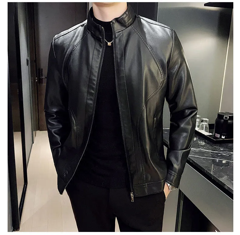 2023 Men Leather Jacket Fashion Slim Fit Stand  Jacket Mens Anti-wind