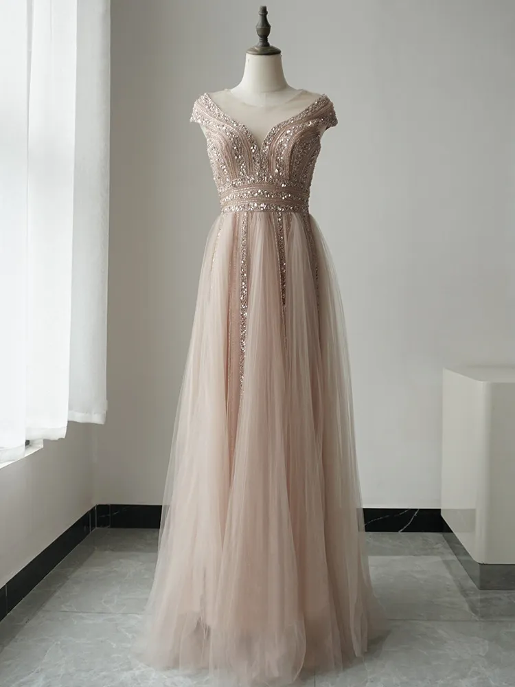 A-line Luxury Crystal Elegant Long Prom Dress Detachable Ribbon Long Evening Gowns ASB013