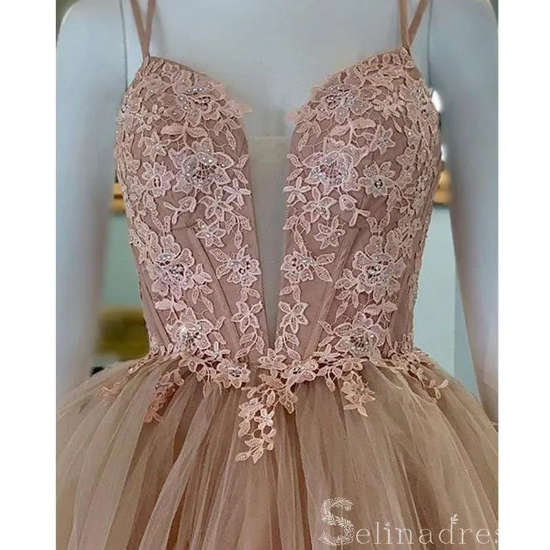 A-line Spaghetti Straps Dusty Pink Prom Dress Applique Long Formal Evening Dresses #SED174