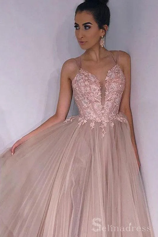 A-line Spaghetti Straps Dusty Pink Prom Dress Applique Long Formal Evening Dresses #SED174