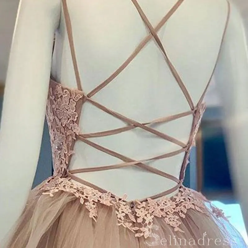 A-line Spaghetti Straps Dusty Pink Prom Dress Applique Long Formal Evening Dresses #SED174