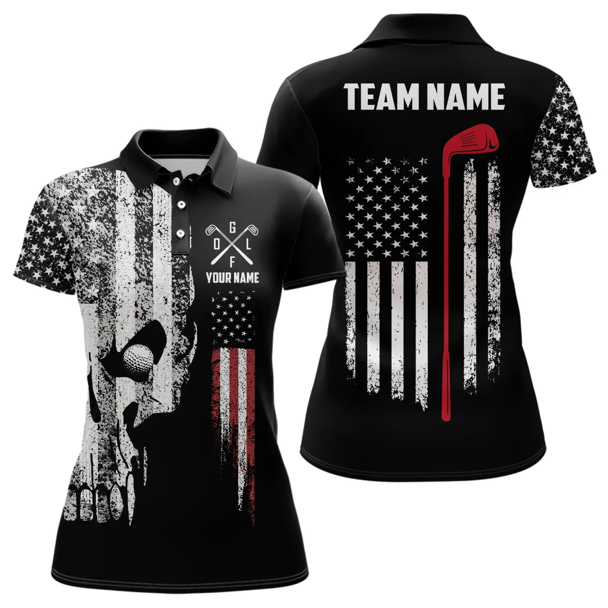 American Flag Skull Golf Polo Shirts Custom Patriotic Scary Golf Shirts For Women Golf Gifts