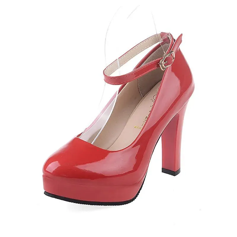 Ankle Strap High Heels Women's Pumps Patent Leather Woman Thick Platform Mary Jane Women Party Shoes - WSHP50065