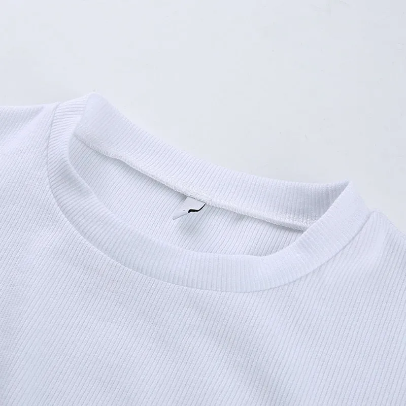 Autumn White Solid Basic O Neck Crop Top Long Sleeve