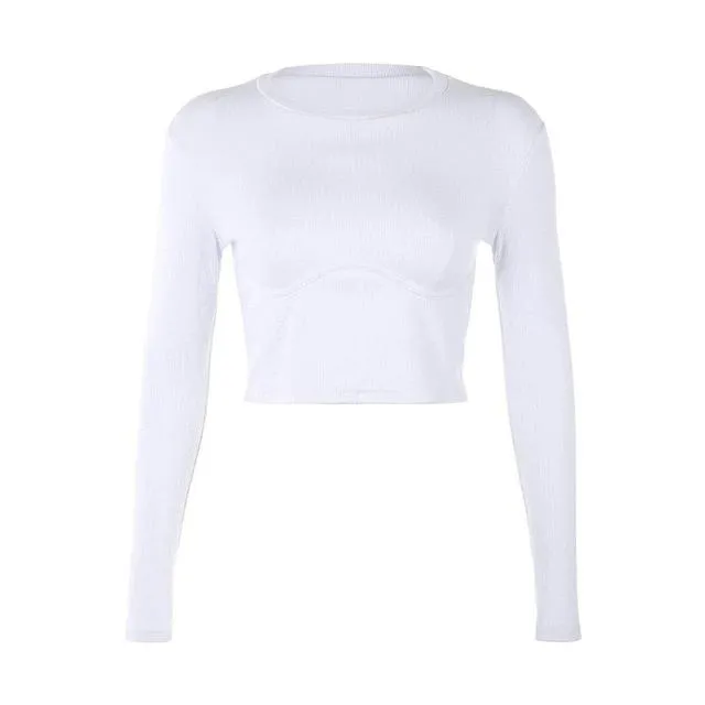 Autumn White Solid Basic O Neck Crop Top Long Sleeve