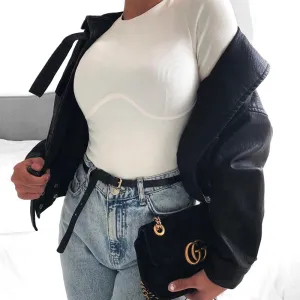 Autumn White Solid Basic O Neck Crop Top Long Sleeve