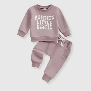 Baby Auntie's Little Bestie Print Long-sleeved Sweatshirt and Pants Two-piece Outfit Set