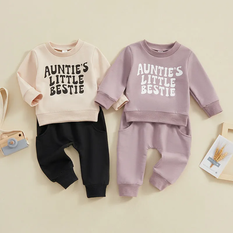 Baby Auntie's Little Bestie Print Long-sleeved Sweatshirt and Pants Two-piece Outfit Set