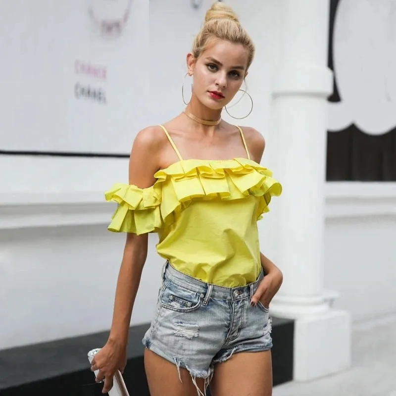 Backless Ruffle Cold Shoulder Camisole Tank Top Summer Yellow Crop Top Chemise Elegant Sleeveless