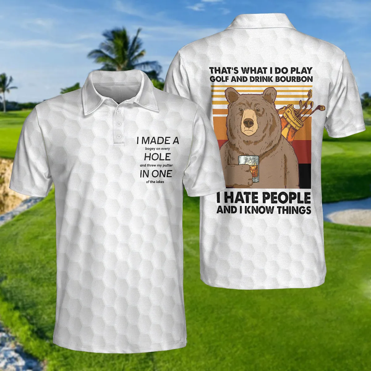 Bear Play Golf And Drink Bourbon White Golf Polo Shirt, Funny Golf Shirt For Men Coolspod