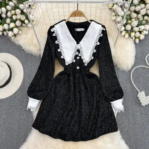 Black A-line Long Sleeve Dress, Black Fashion Dress     S4414