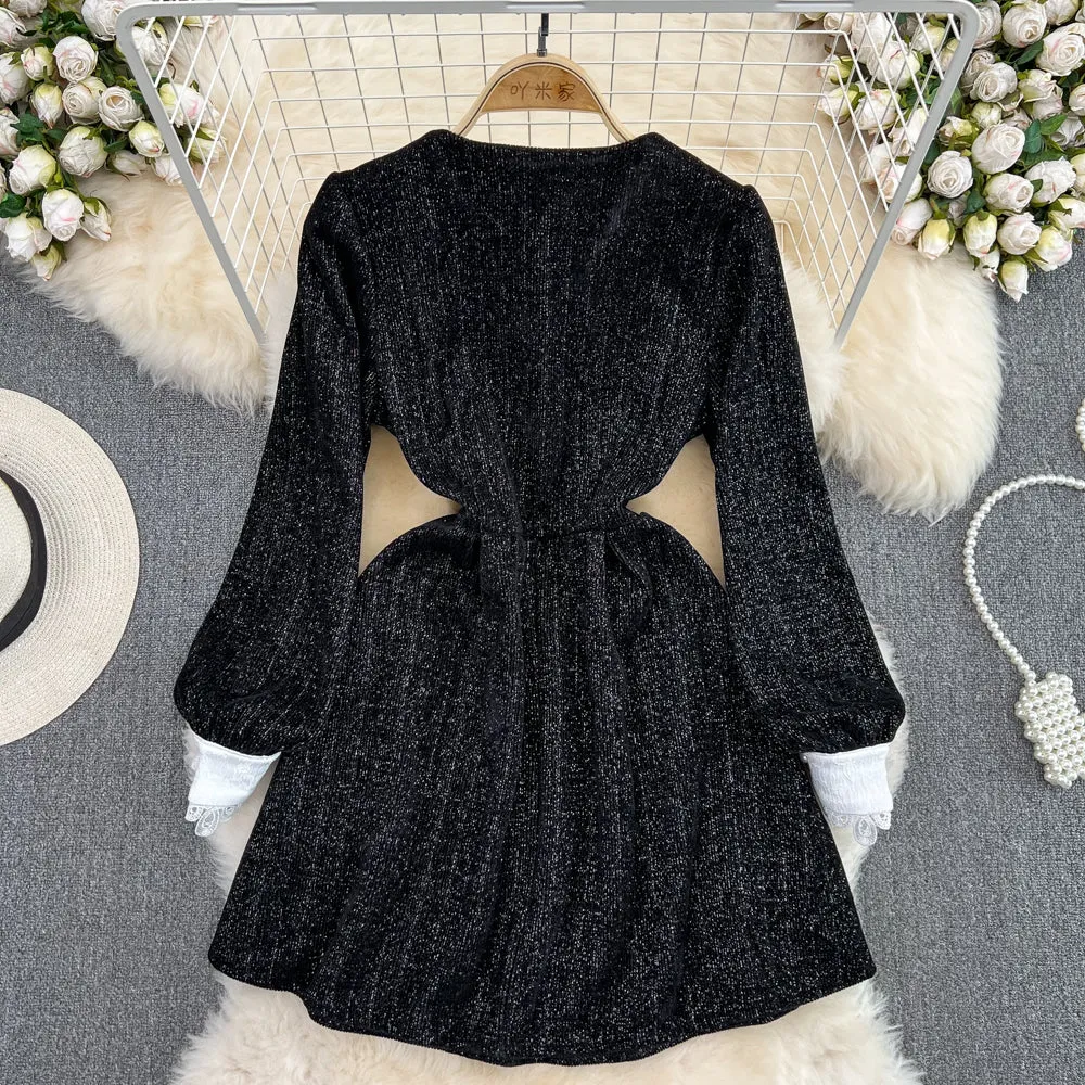 Black A-line Long Sleeve Dress, Black Fashion Dress     S4414