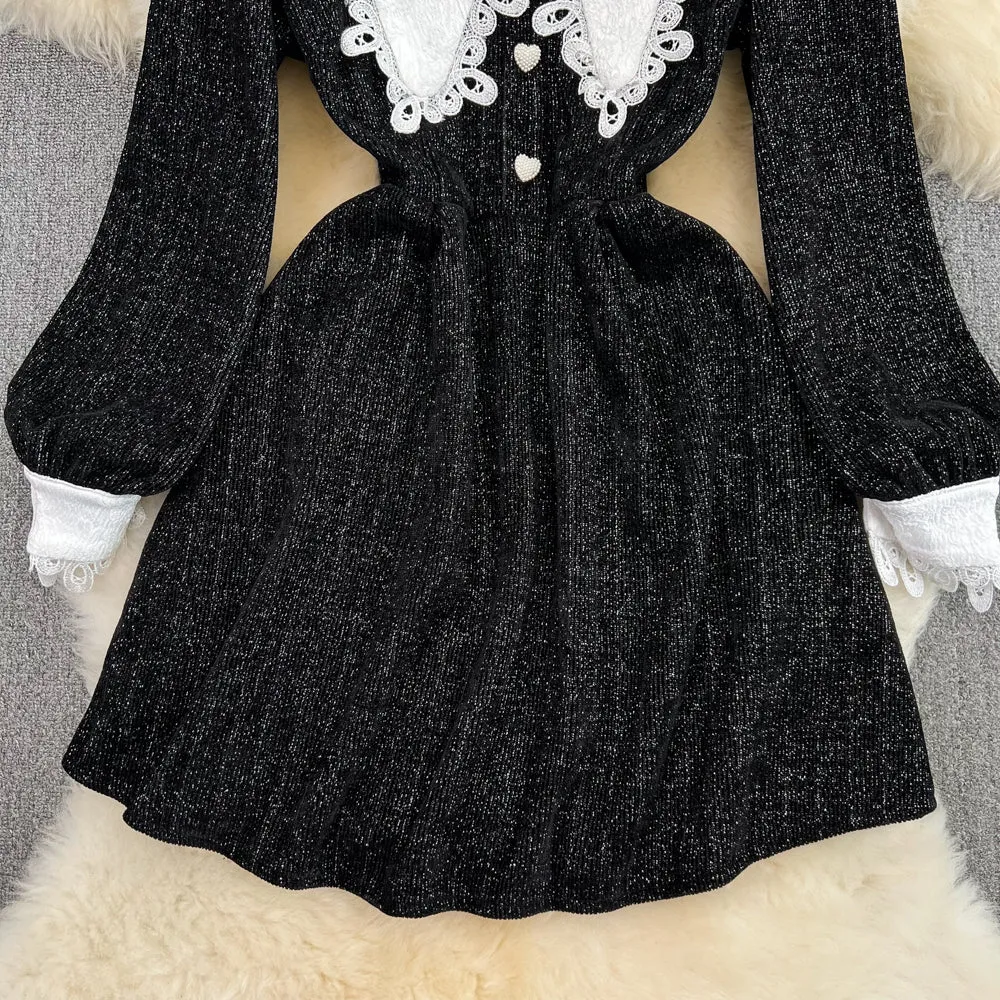 Black A-line Long Sleeve Dress, Black Fashion Dress     S4414