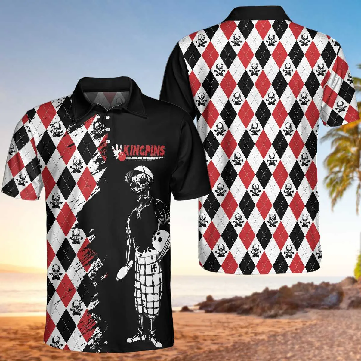 Bowling Red Black White Skull Pattern Short Sleeve Polo Shirt, Argyle Pattern Polo Shirt, Best Bowling Shirt For Men Coolspod