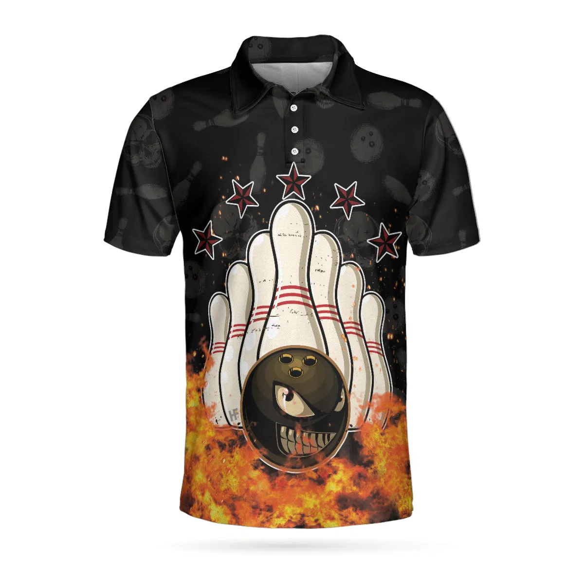 Bowling Skull And Monster Ball Short Sleeve Polo Shirt, Skull Star Fire Polo Shirt, Best Bowling Shirt For Men Coolspod