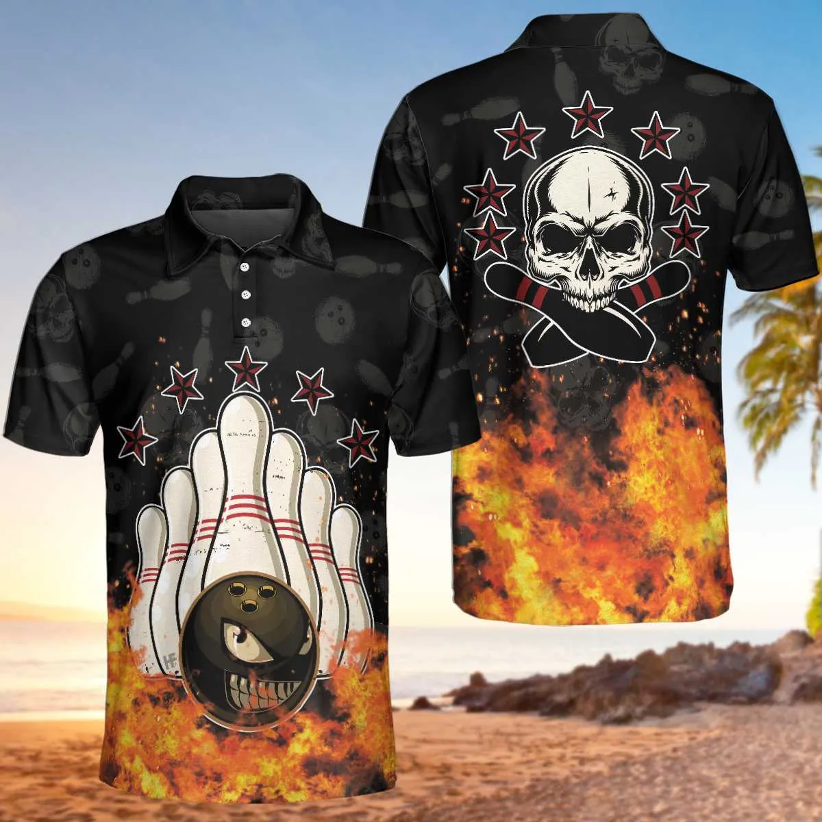 Bowling Skull And Monster Ball Short Sleeve Polo Shirt, Skull Star Fire Polo Shirt, Best Bowling Shirt For Men Coolspod