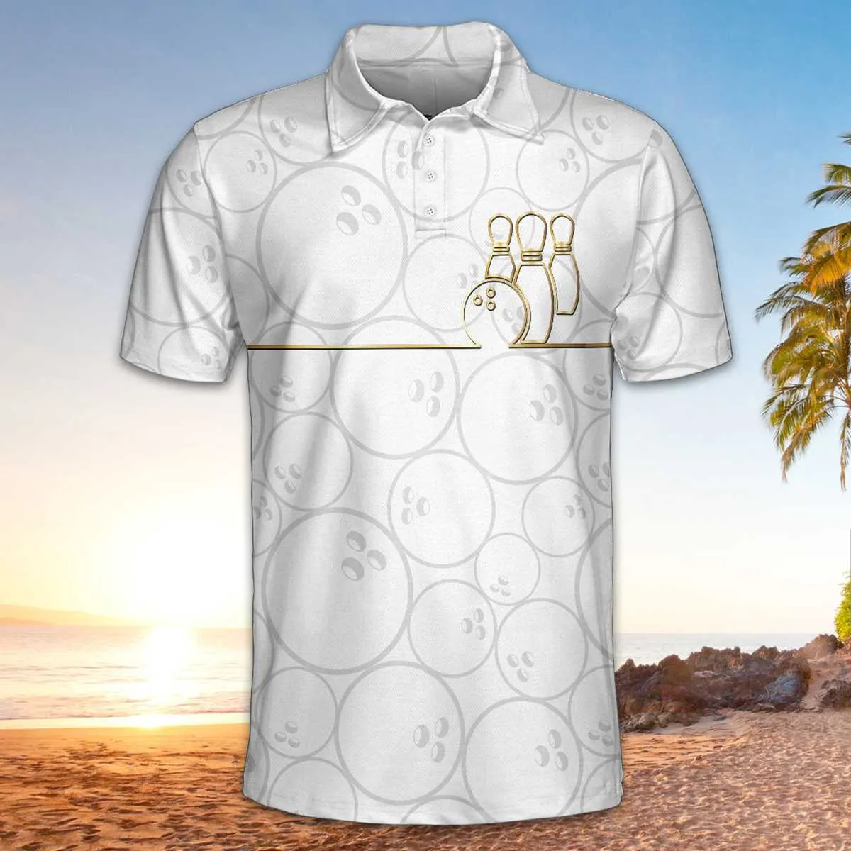 Bowling White And Golden Pattern Short Sleeve Polo Shirt, Bowling Ball Pattern Polo Shirt, Best Bowling Shirt For Men Coolspod