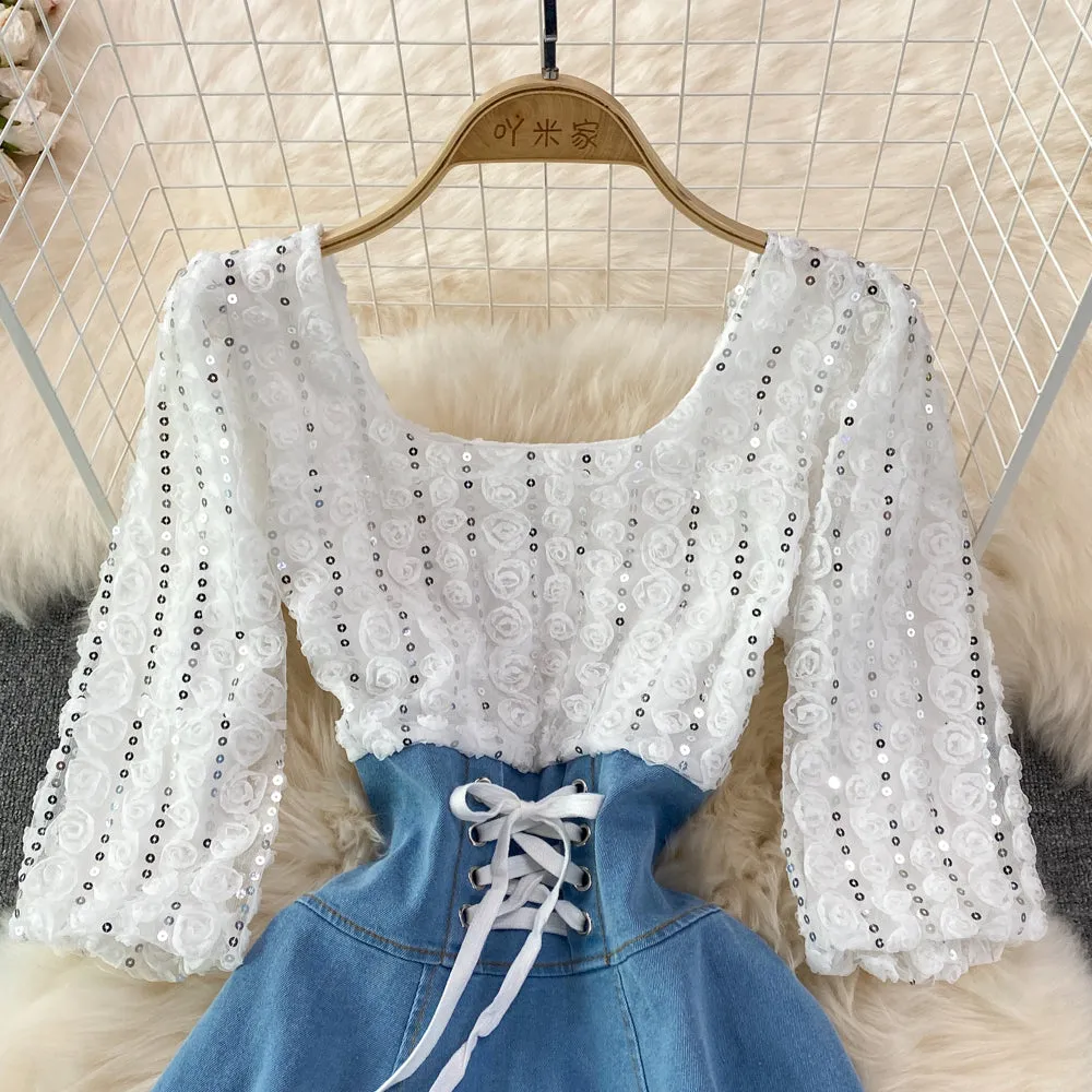 Cute Denim Sequin Panel Dress    S427