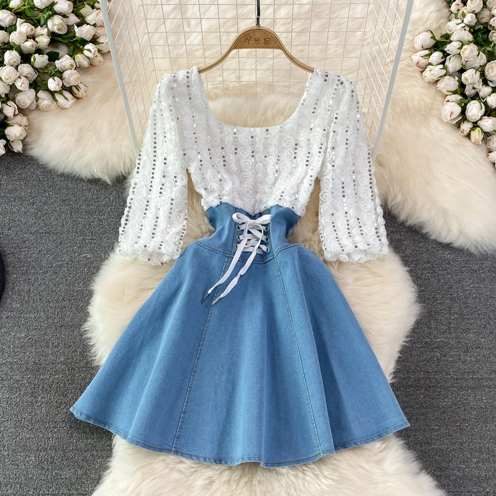 Cute Denim Sequin Panel Dress    S427