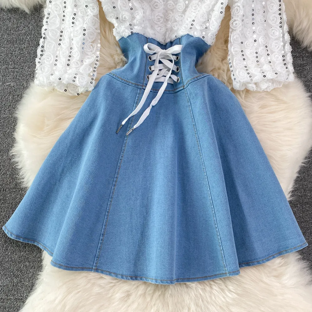 Cute Denim Sequin Panel Dress    S427