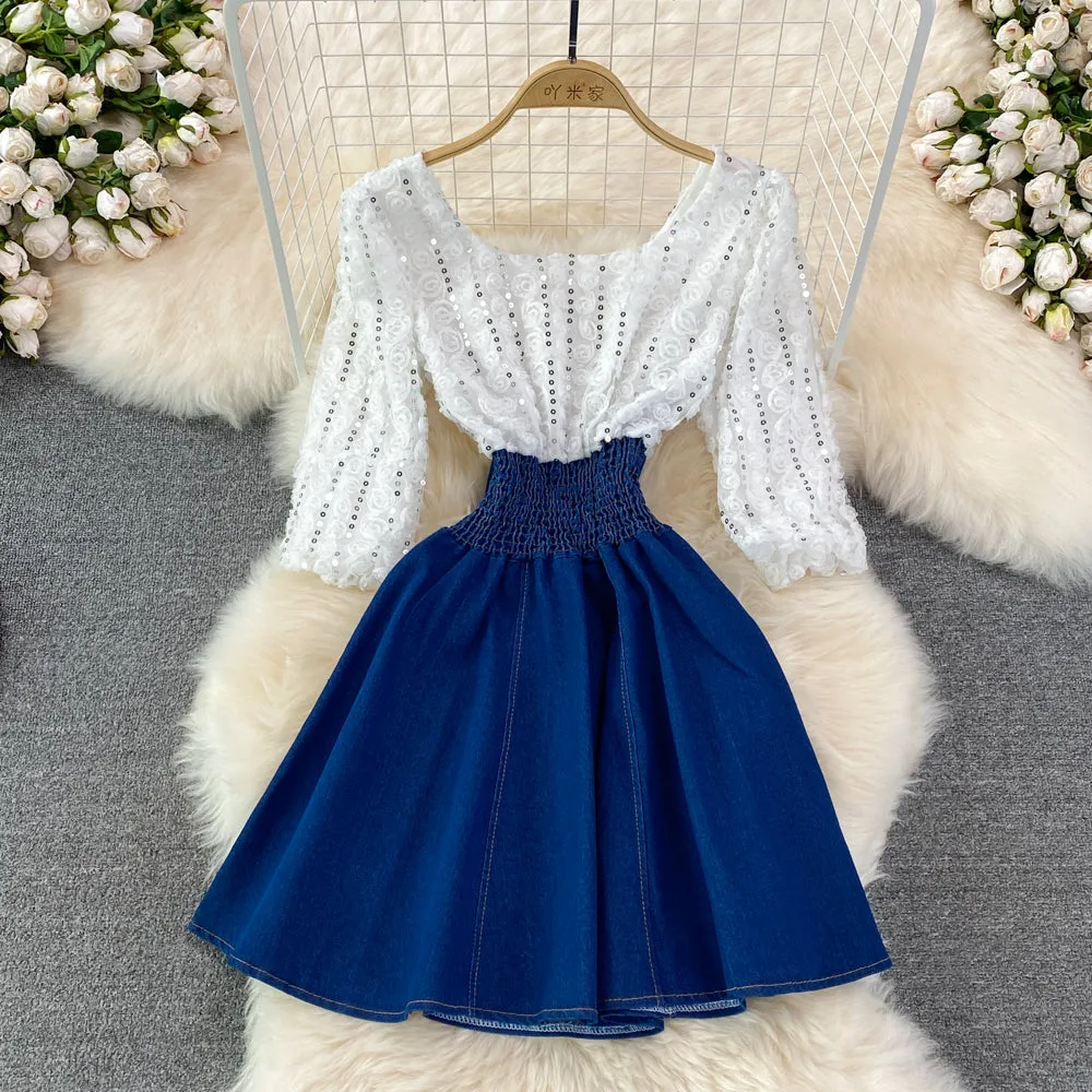 Cute Denim Sequin Panel Dress    S427