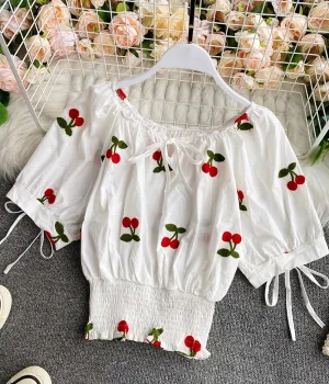 Cute summer puff sleeve applique top    S36