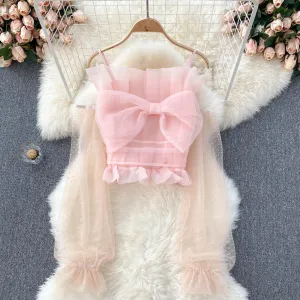 Cute tulle bow long sleeve tops crop tops      S242