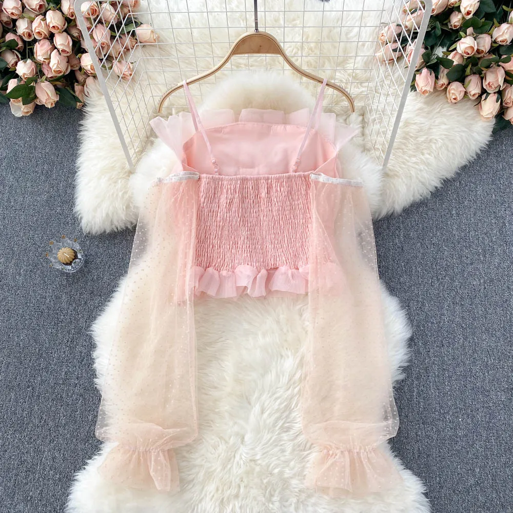 Cute tulle bow long sleeve tops crop tops      S242