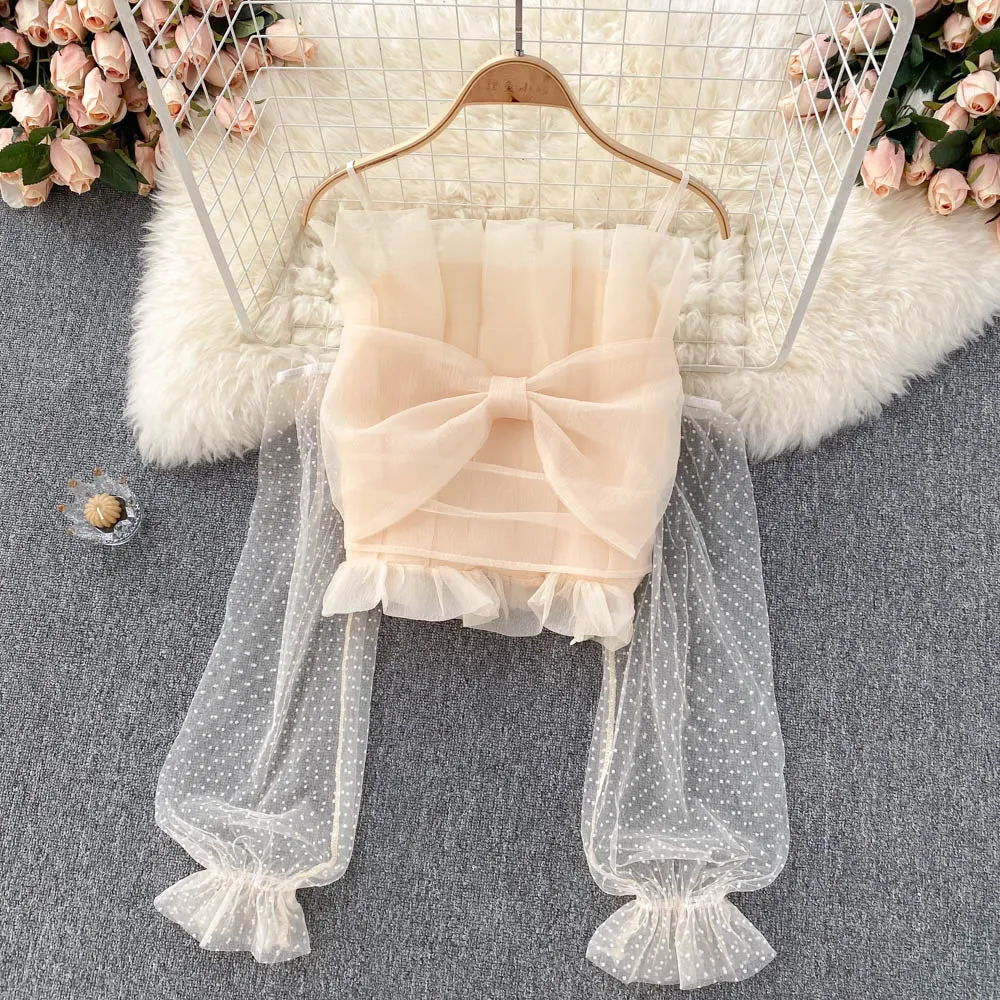 Cute tulle bow long sleeve tops crop tops      S242