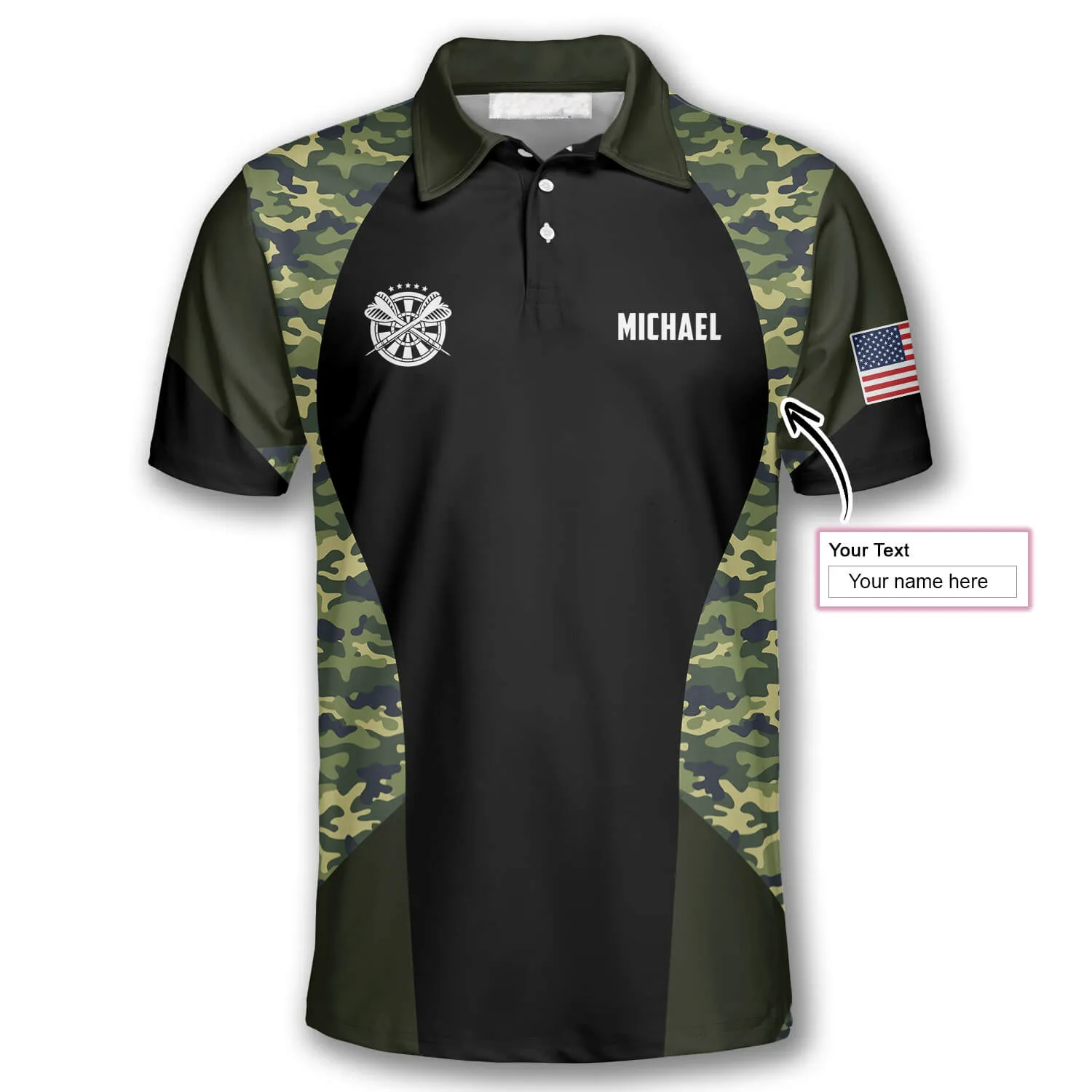 Darts Skull Camouflage Us Flag Custom Polo Shirts for Men, Skull Dart Shirt