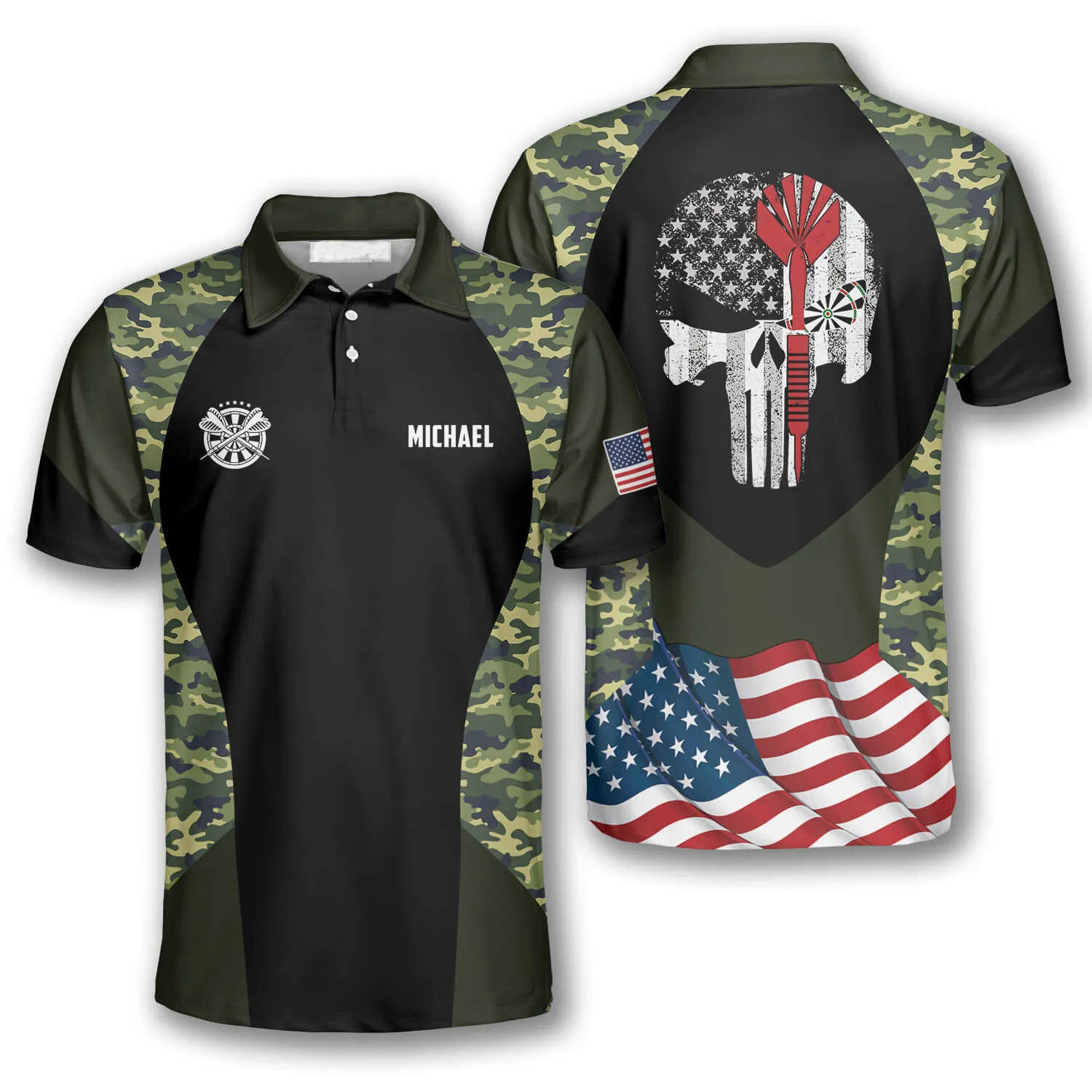 Darts Skull Camouflage Us Flag Custom Polo Shirts for Men, Skull Dart Shirt