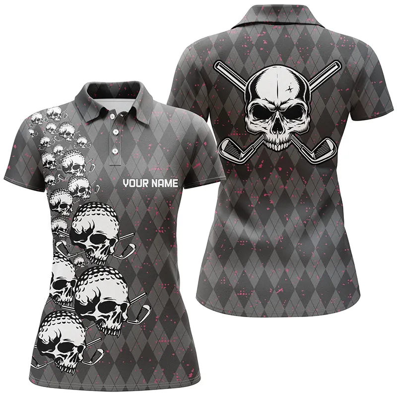 Elegant Argyle Pattern And Skull Women Golf Polo Shirts, Black Skull Golf Shirts For Women