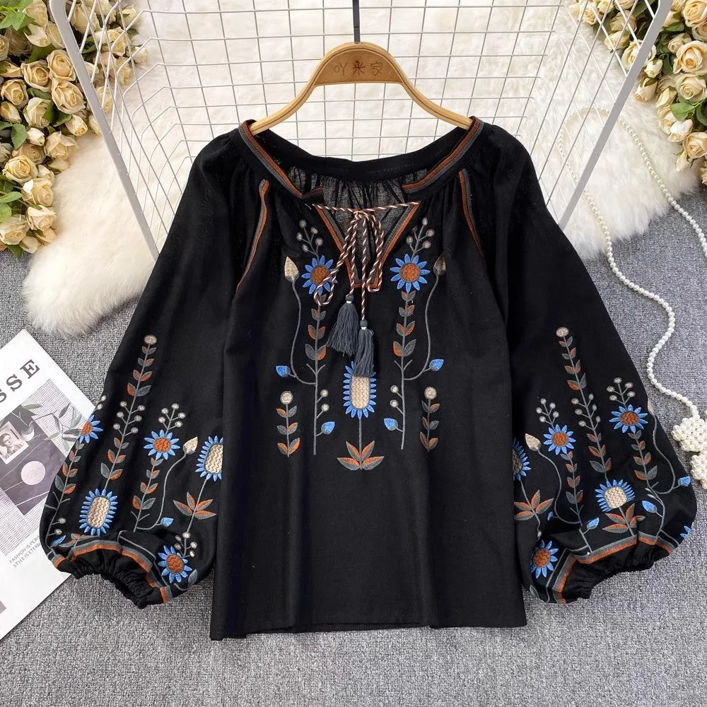 embroidered round neck shirt women's casual top       S3965