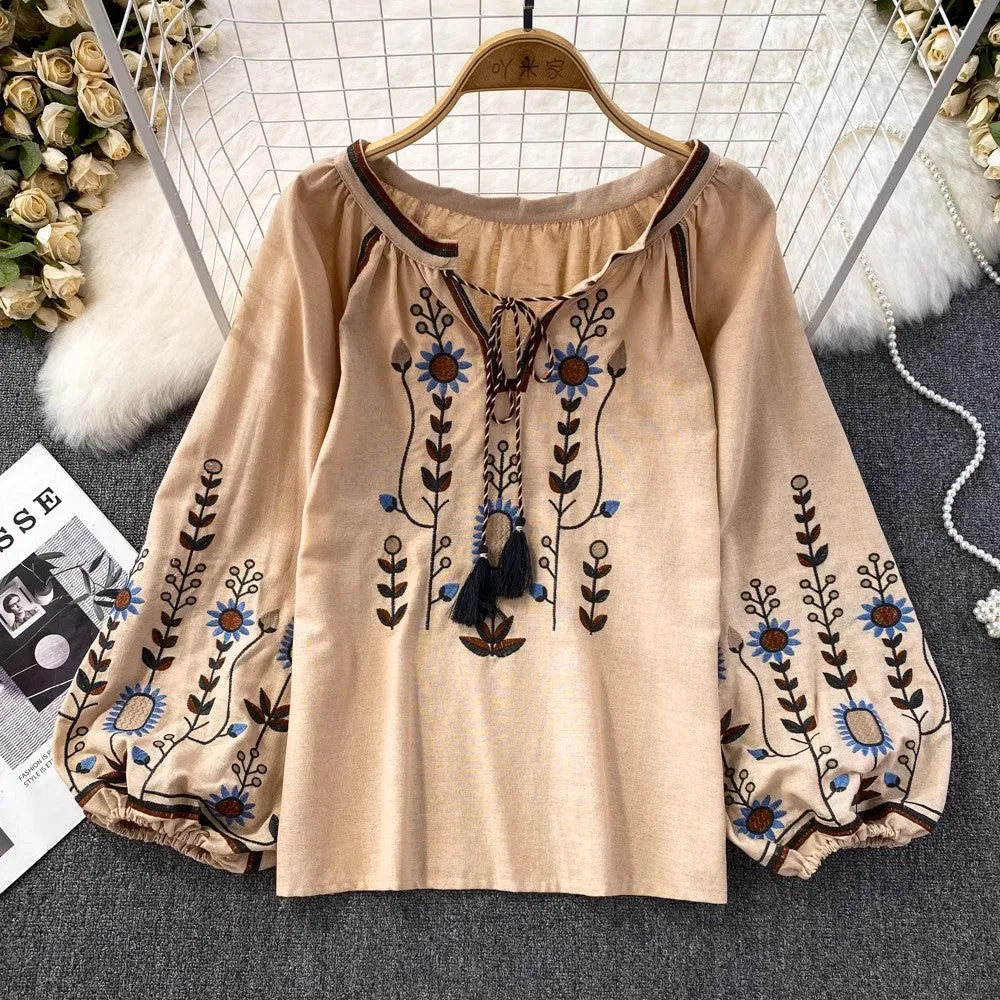 embroidered round neck shirt women's casual top       S3965