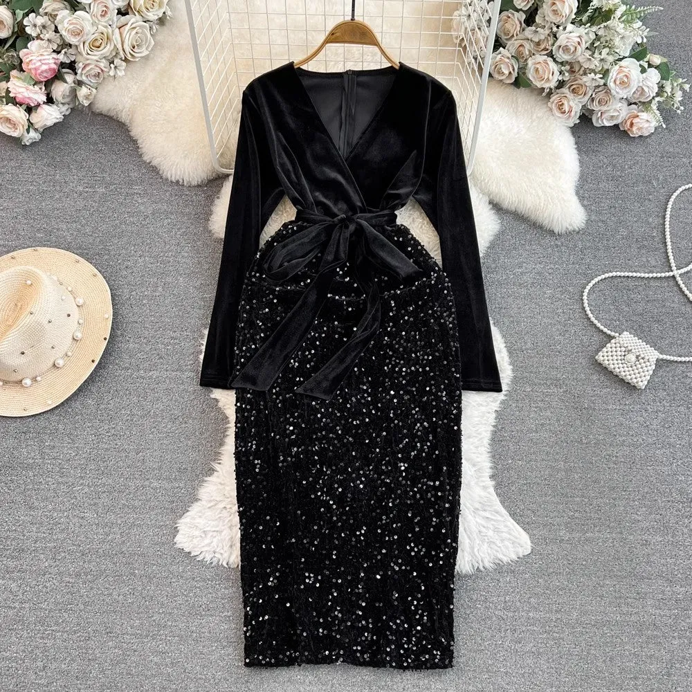 Fashionable long-sleeved V-neck mid-length velvet sequin dress      S3956