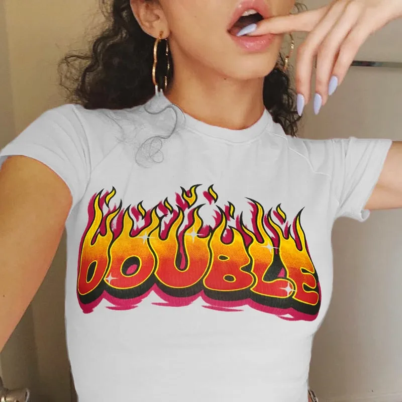 Flaming Fire Letter Print Short Sleeve Crop Top Tees