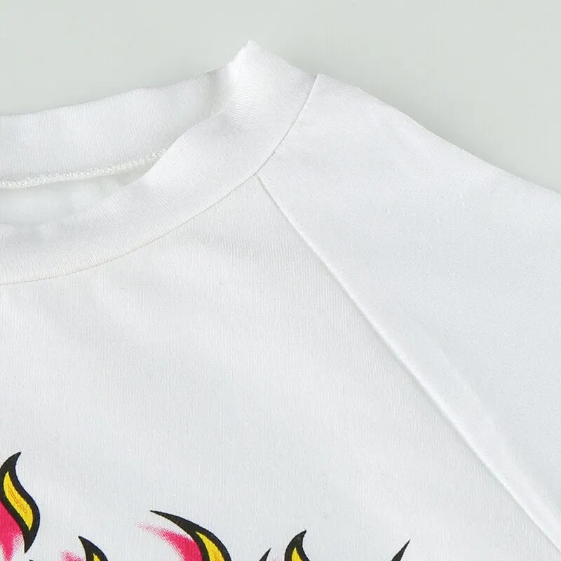 Flaming Fire Letter Print Short Sleeve Crop Top Tees