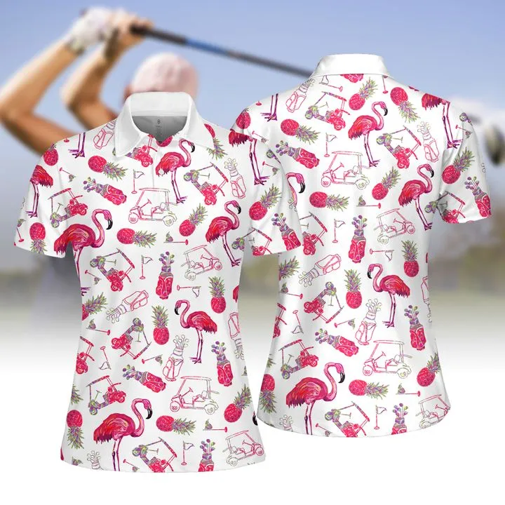 Flamingo And Golf Summer Pattern Women Golf Apparels, Golf Shirts for Women Sleeveless with Collar, Ladies Sleeveless Golf Shirt