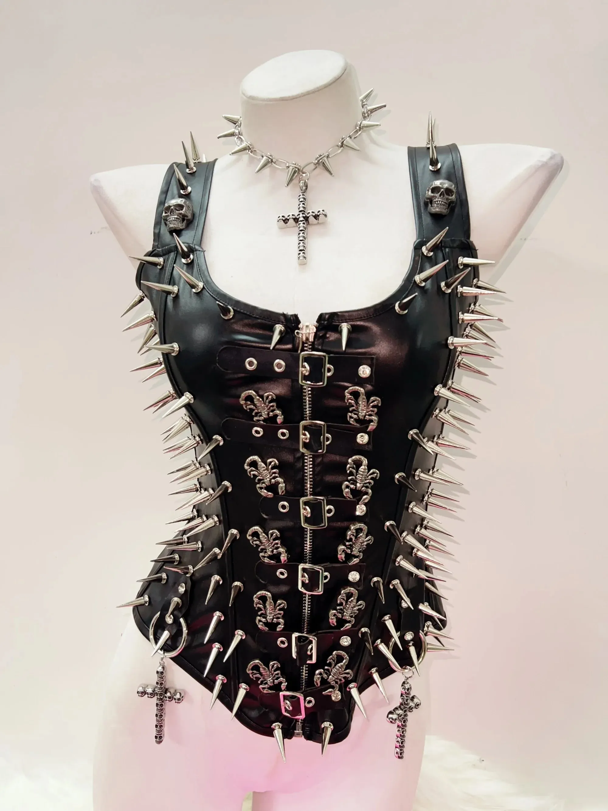 Flytonn-Skull Tank Tops Rivets Tank Tops harajuku fashion Cross Tank Tops y2k clothes y2k crop top gothic clothes Gothic Tank Tops