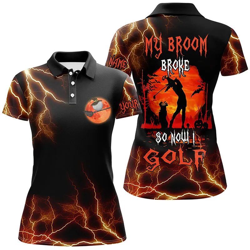 Funny Halloween Golf Shirt Custom Name Women Golf Polo Shirt - My Broom Broke So Now I Golf 