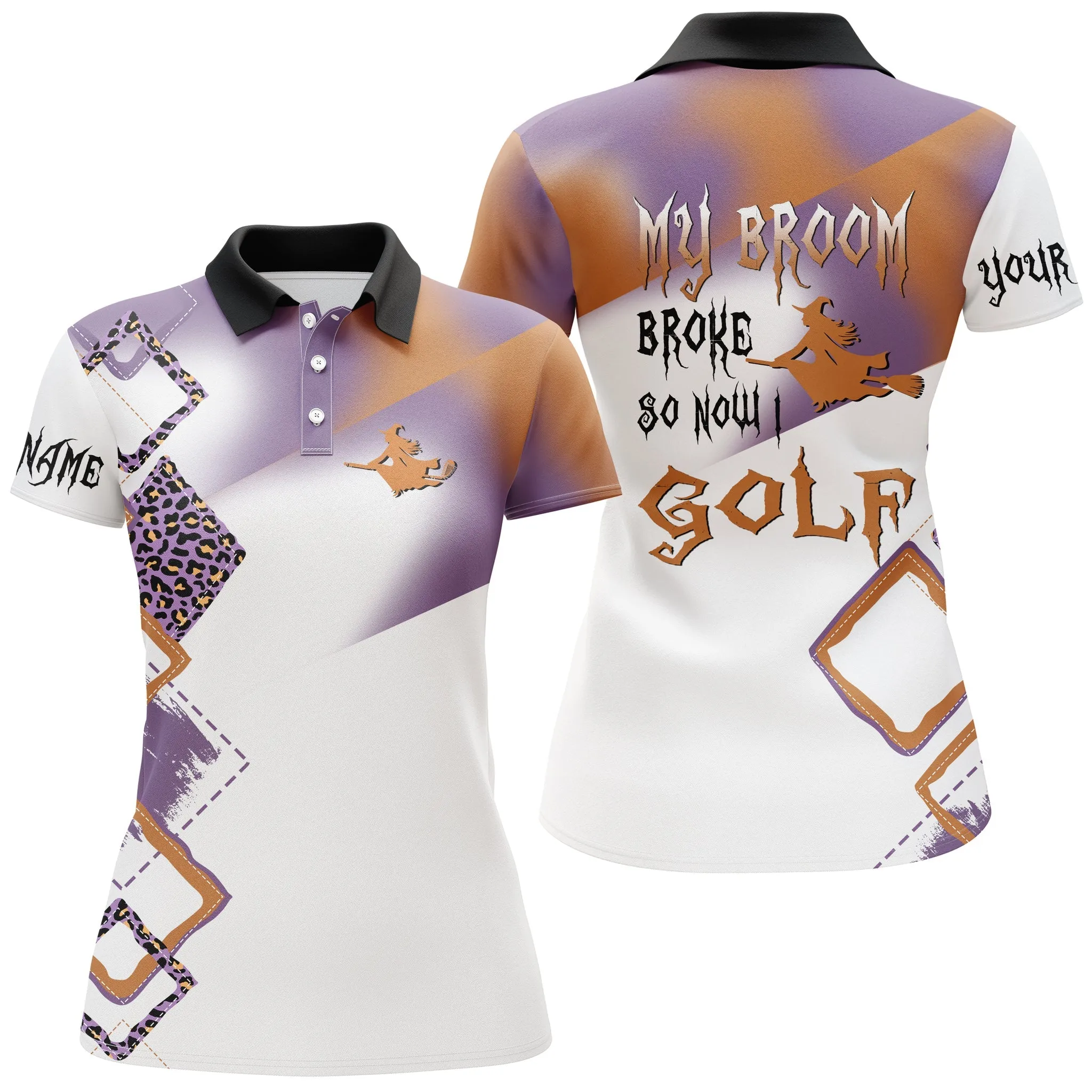 Funny Halloween Golf Shirt Custom Name Women Golf Polo Shirt - My Broom Broke So Now I Golf 