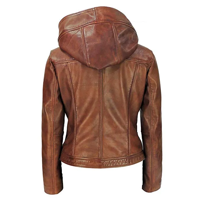 Genuine Leathers Women Real Lambskin Leather Biker Hooded Jacket