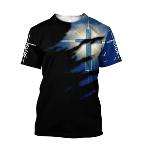 Glowing Light Cross Black And Blue Color Jesus Unisex Shirts - Christian 3d Shirts For Men Women