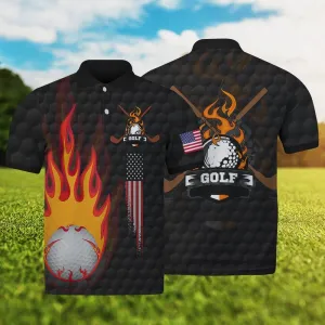 Golf Fire American Flag Polo Shirt, Black Golf Shirt For Men, Gift For Golf Lover