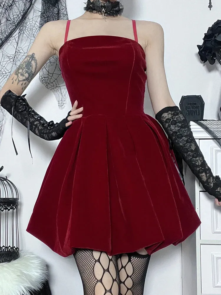 Gothic Velvet Shirring High Waist Solid Spaghetti Straps A Line Mini Dress