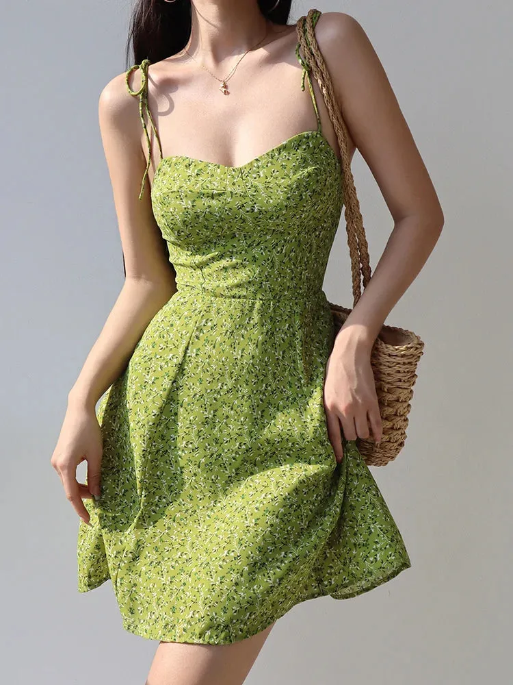 Green Slim Suspender Print Retro Fit Summer A-Line Lace-Up Dress