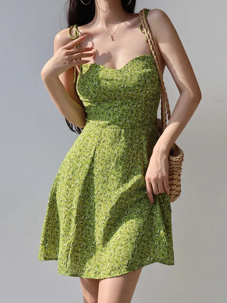 Green Slim Suspender Print Retro Fit Summer A-Line Lace-Up Dress