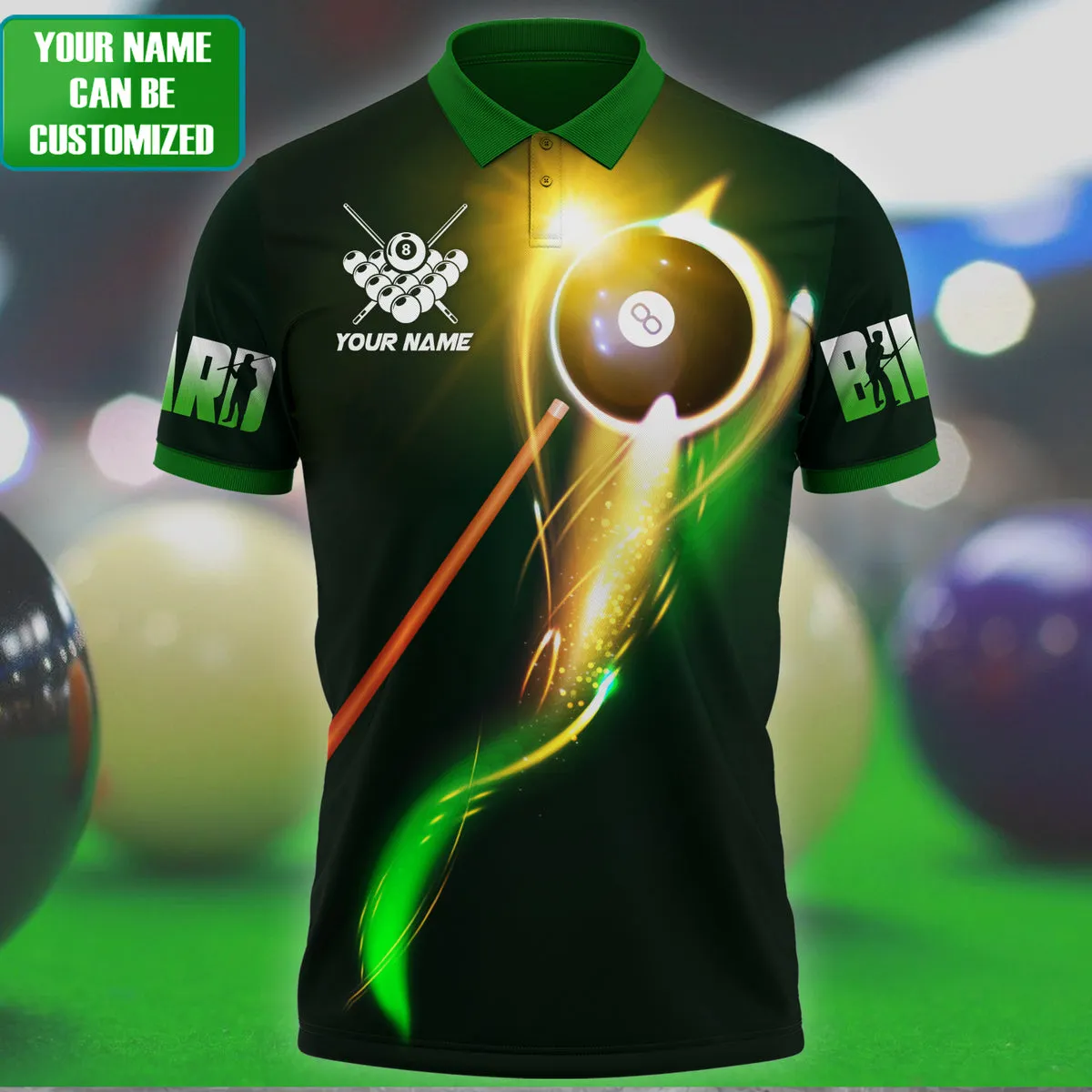 Green Unisex Billiard Flow Ball Polo Shirt, Custom Name Billiard 3D Shirt