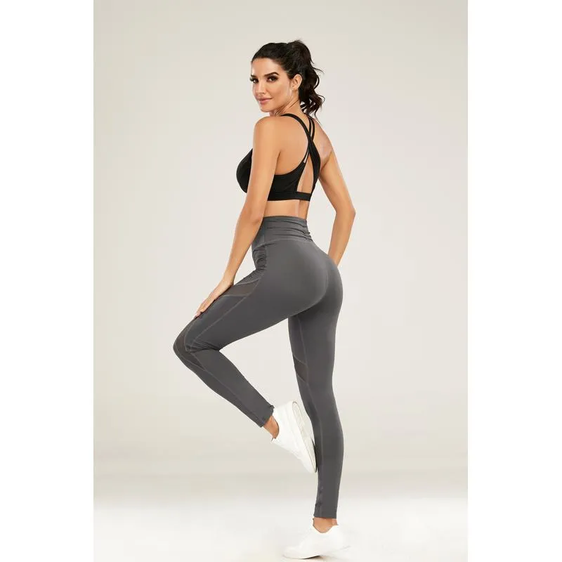 High-Waisted Yoga Tight-Fitting Elasticity Suede Sports Pocket Patchwork Mesh Sports Leggings